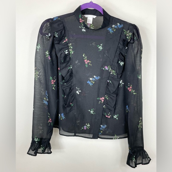 H&M Puffed Sleeve Ruffled Blouse - Black w/floral print - Picture 2 of 12